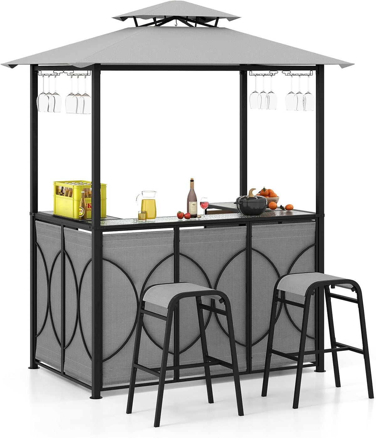 Gartenpavillon Gartenbar Set, aus Metall und Glas, mit Doppeldach, mit Stauraum, für den Garten und die Terrasse, Grau/Schwarz, COSTWAY