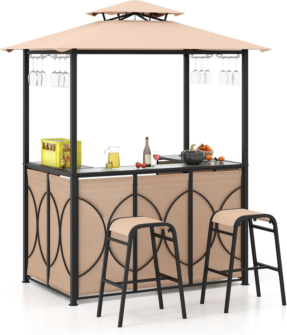 Gartenpavillon Gartenbar Set, mit Doppeldach, mit Stauraum, aus Metall und Glas, für den Garten und die Terrasse, Braun/Schwarz, COSTWAY