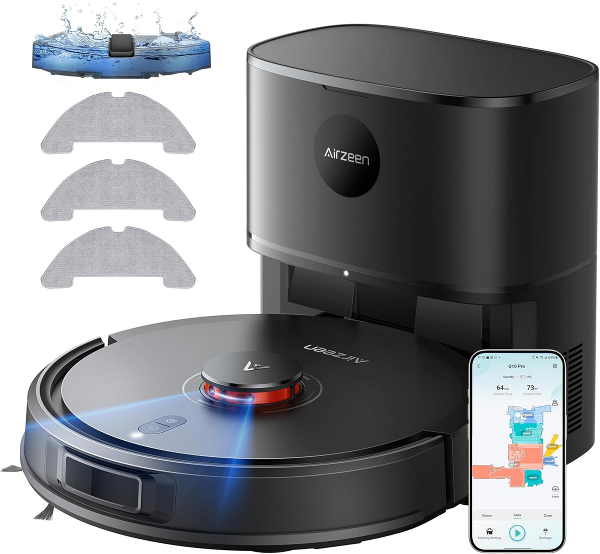 Airzeen Q10 PRO Saugroboter, mit 3D-LiDAR, verstellbar, Schwarz
