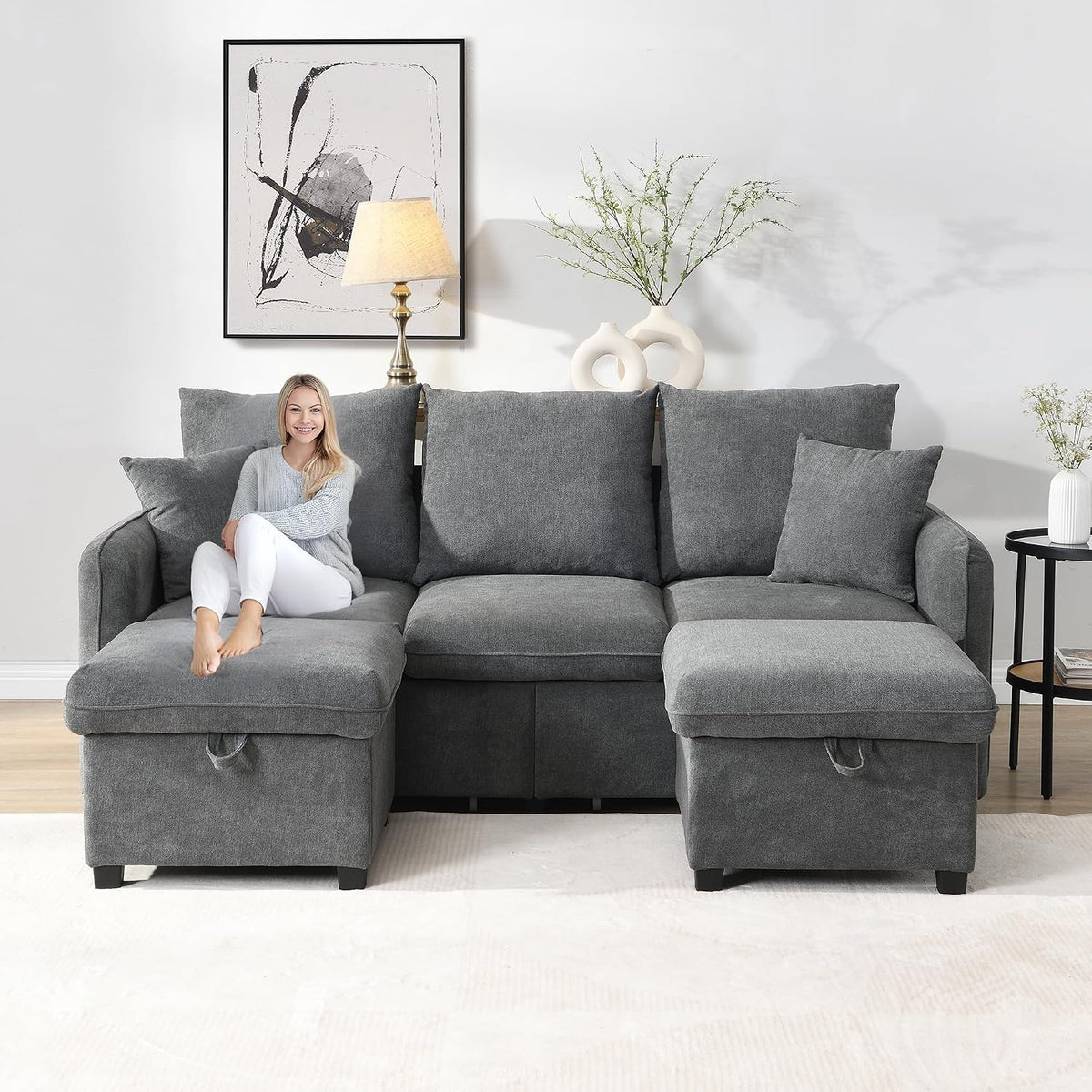 Sofa Multifunktionale Ecksofa U, mit Fernbedienung, mit Stauraum, Dunkelgrau, ZYLOYAL10