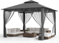 Gartenpavillon, 3.4 × 3.4 M, mit Doppeldach, mit Moskitonetzen, wasserdicht, winterfest, aus Metall, für den Garten und die Terrasse, Grau/Braun/Weiß