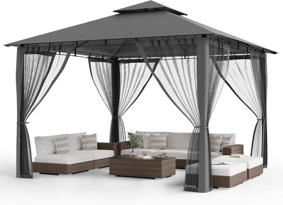 Gartenpavillon, 3.4 × 3.4 M, mit Doppeldach, mit Moskitonetzen, wasserdicht, winterfest, aus Metall, für den Garten und die Terrasse, Grau/Braun/Weiß