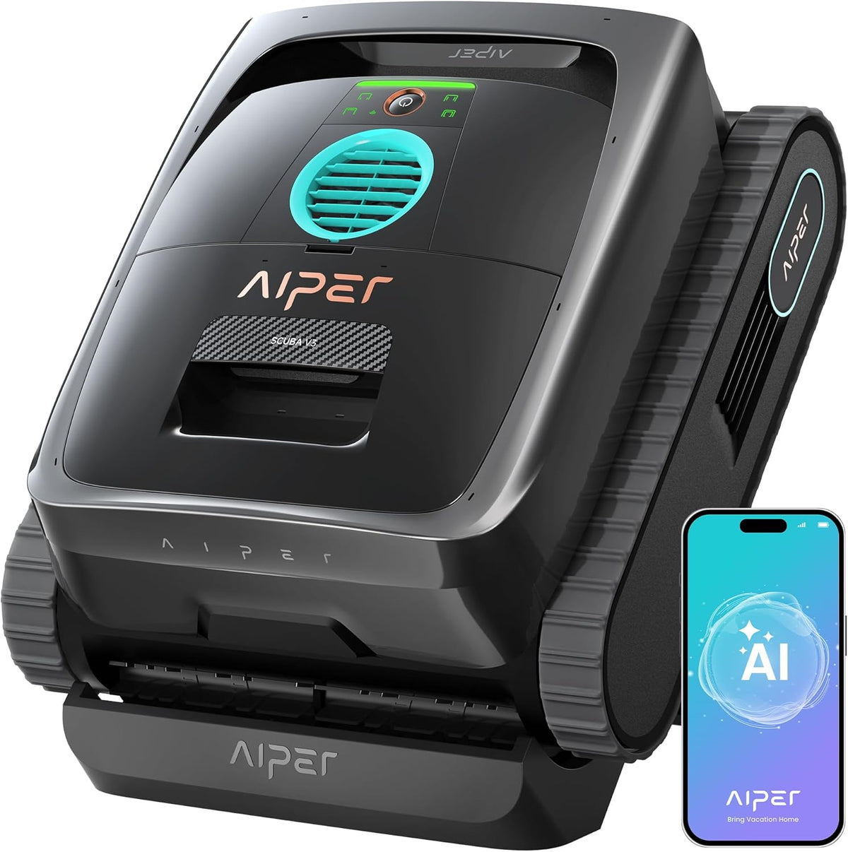 AIPER V3 Poolroboter, 200 m², mit KI-Erkennung, kabellos, Schwarz/Türkis