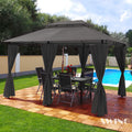 Gartenpavillon, 3 × 4 m, 32 kg, mit Moskitonetzen, mit Doppeldach, wasserabweisend, mit LED, für den Garten, Anthrazit, Swing & Harmonie