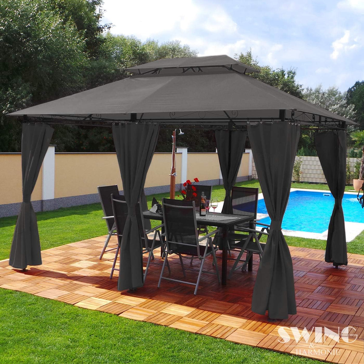 Gartenpavillon, 3 × 4 m, 32 kg, mit Moskitonetzen, mit Doppeldach, wasserabweisend, mit LED, für den Garten, Anthrazit, Swing & Harmonie