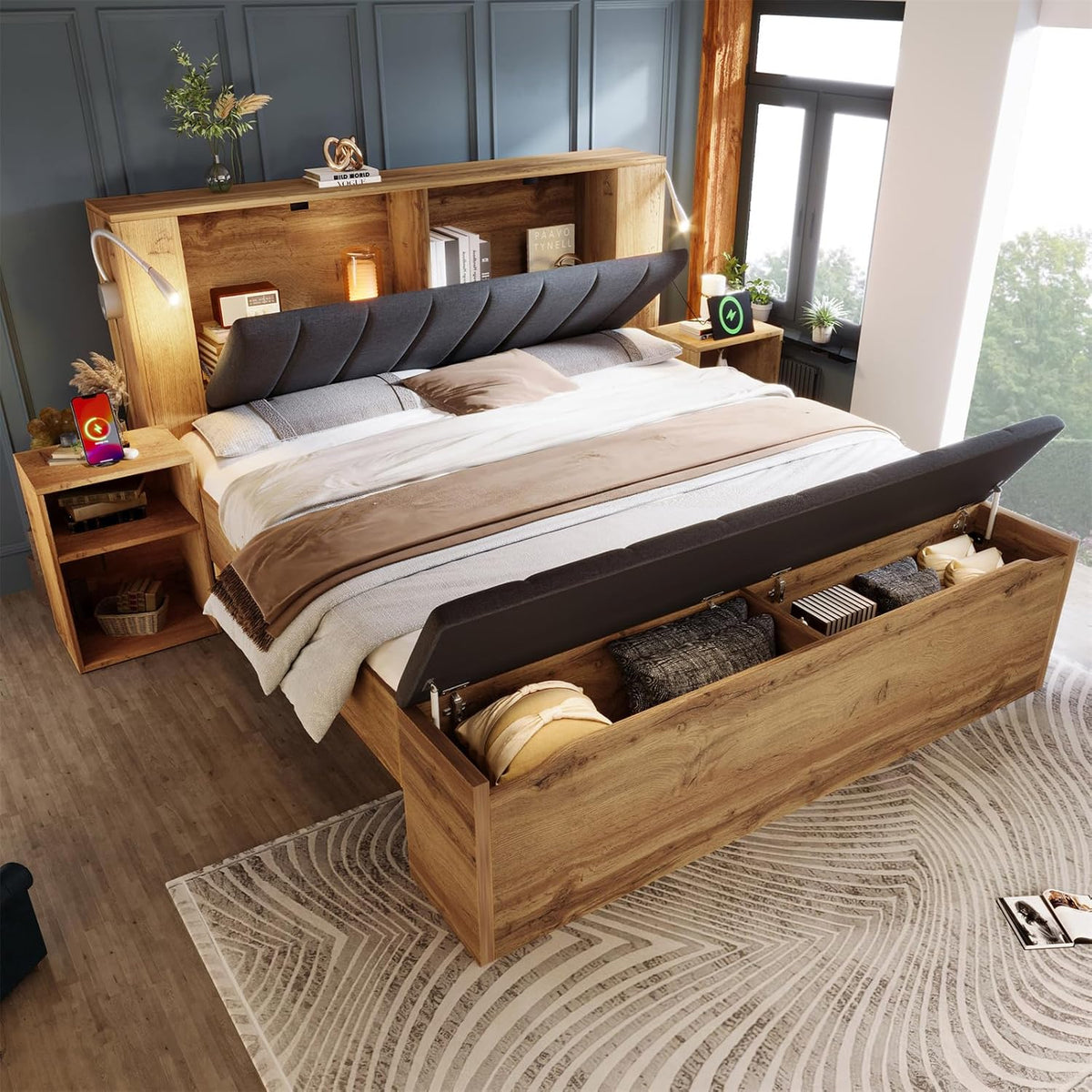 Matratze, 180 × 200 cm, aus Stoff, klappbar, mit USB, mit Stauraum, Eiche/Braun/Grau