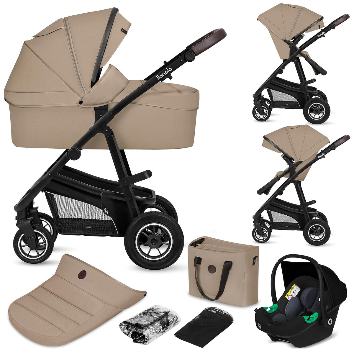 Lionelo BIANKA Kinderwagen-Set, bis 13 kg, UPF 50+, klappbar, verstellbar, Beige/Schwarz