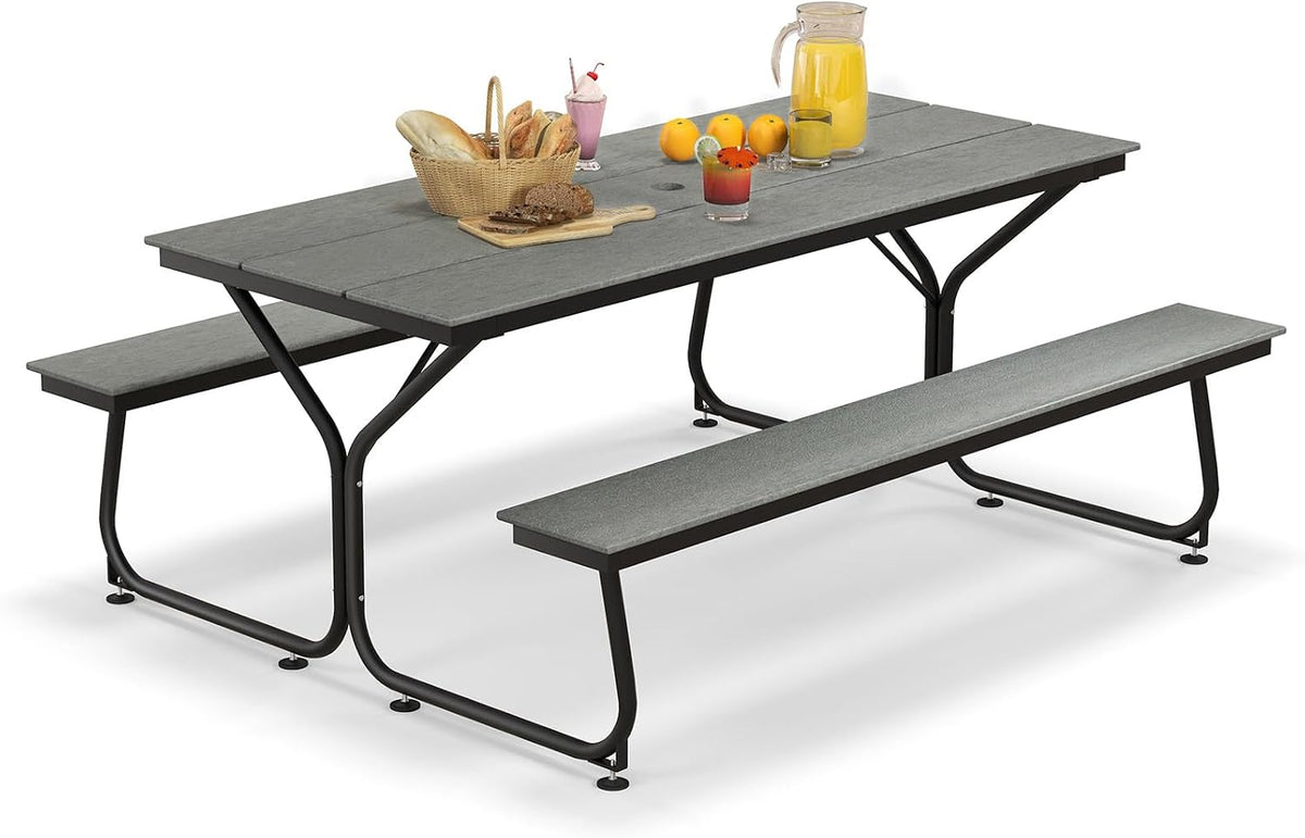 Picknicktisch, 183 cm, mit Sonnenschirmöffnung, wasserdicht, verstellbar, für den Garten und Camping, Grau/Schwarz, GOPLUS