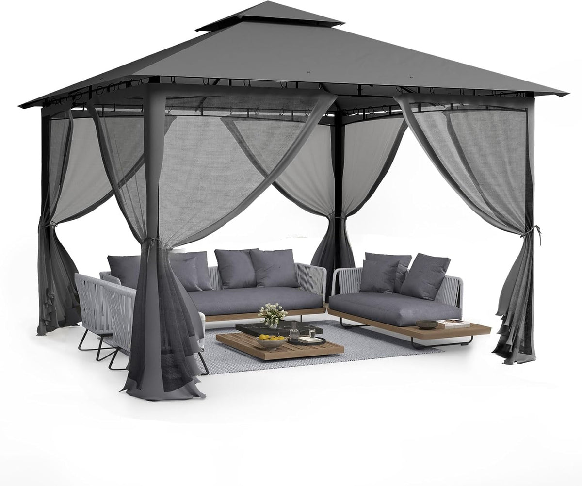 Gartenpavillon Pavillon 3, 3,35 × 3,35 m, mit Doppeldach, mit Moskitonetzen, wasserdicht, winterfest, für den Garten und die Terrasse, aus Metall