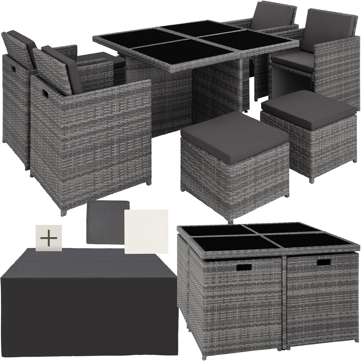 Gartenmöbel-Set, ca. 6 kg, ca. 2,2kg, aus Aluminium und Polyrattan, klappbar, für den Garten und die Terrasse, Grau/Schwarz, tectake