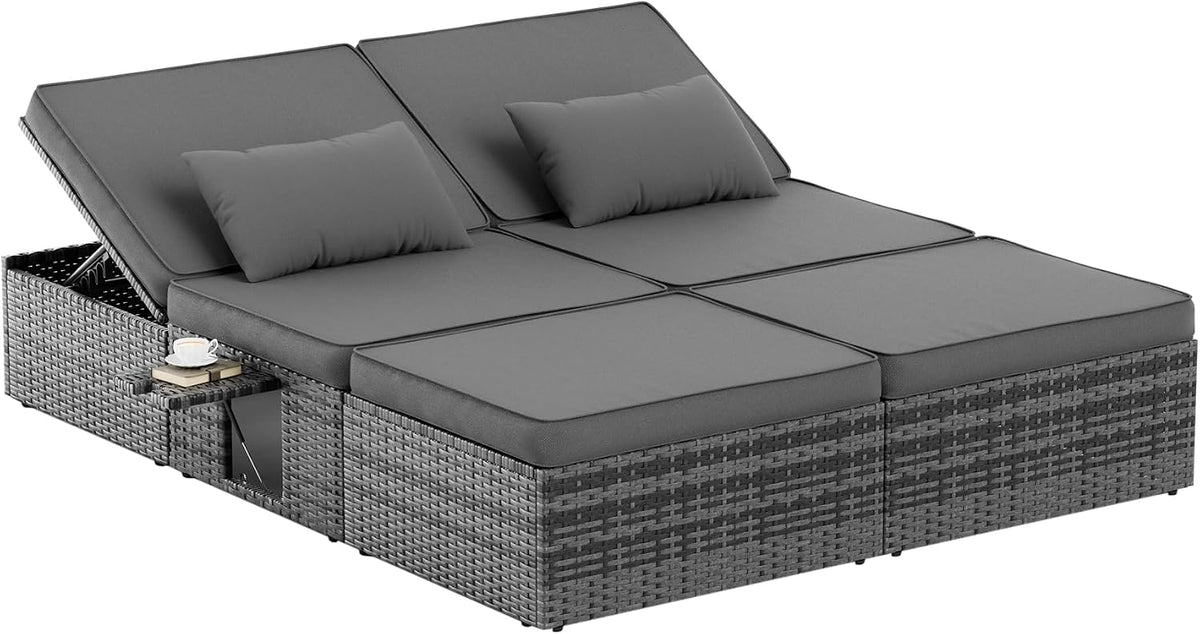 Liegen, 200 × 160 × 30 cm, verstellbar, wasserabweisend, aus Polyrattan, für den Garten und die Terrasse, Grau, Amopatio