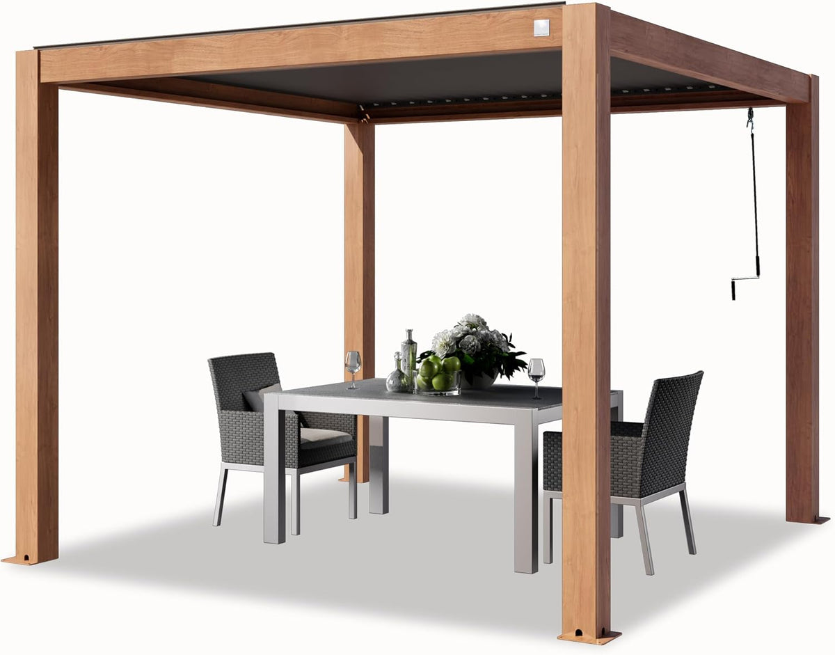 TOOLPORT Pergola, 3 × 3 m, aus Aluminium, mit Lamellendach, verstellbar, für die Terrasse, Holzoptik/Grau