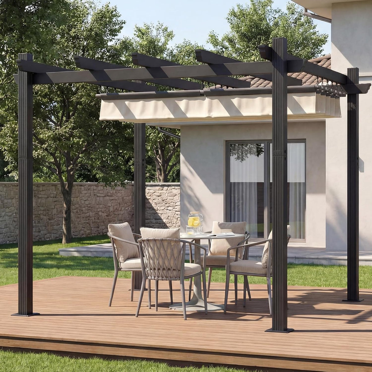 Pergola, 3 × 3 m, aus Aluminium, mit Schiebedach, wasserdicht, winterfest, für den Garten und die Terrasse, Schwarz/Beige, TRIUMPHKEY