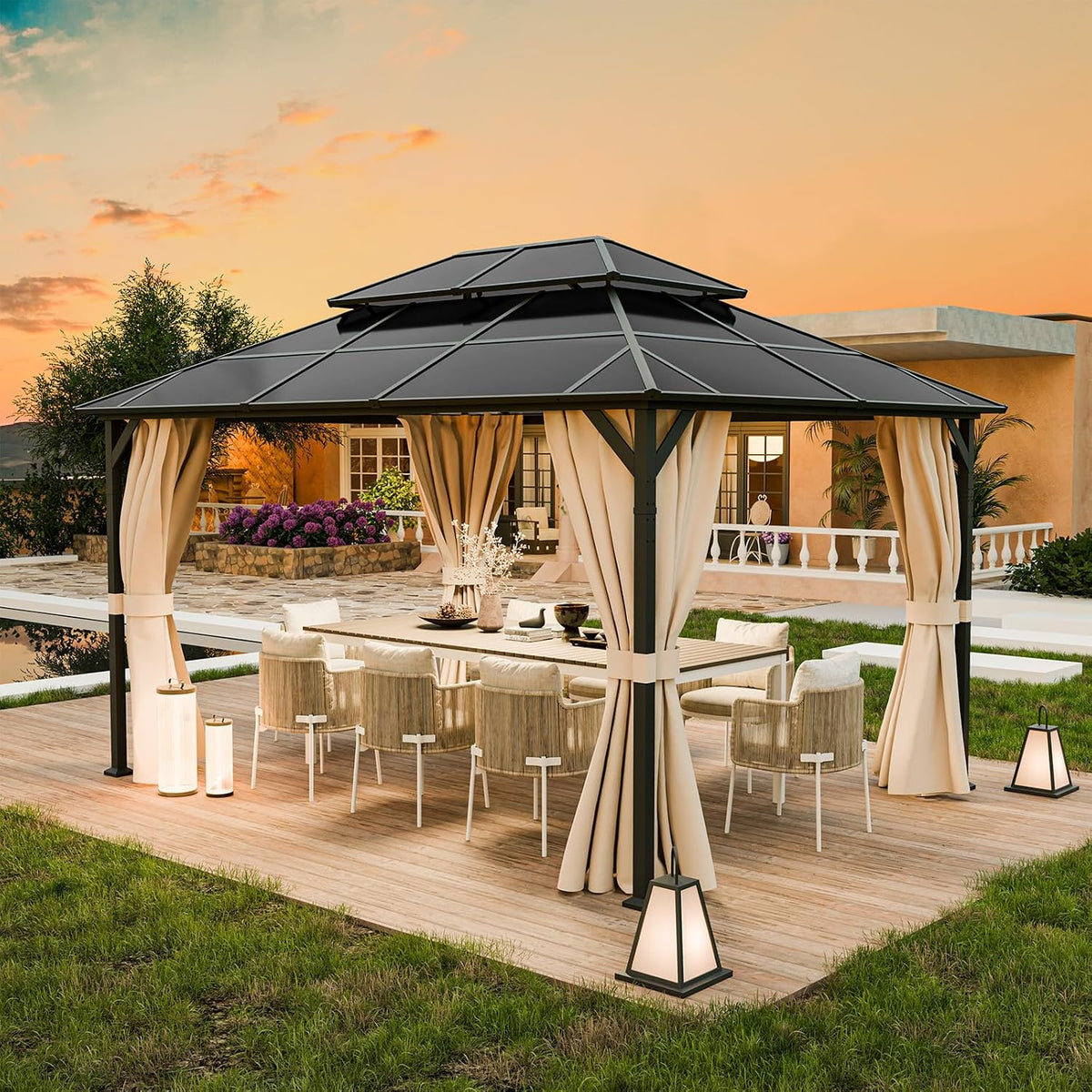 Gartenpavillon, 3 × 4 m, mit Doppeldach, mit Vorhängen, UV-Schutz 6, wasserdicht, für den Garten und die Terrasse, Schwarz/Beige, UDPATIO