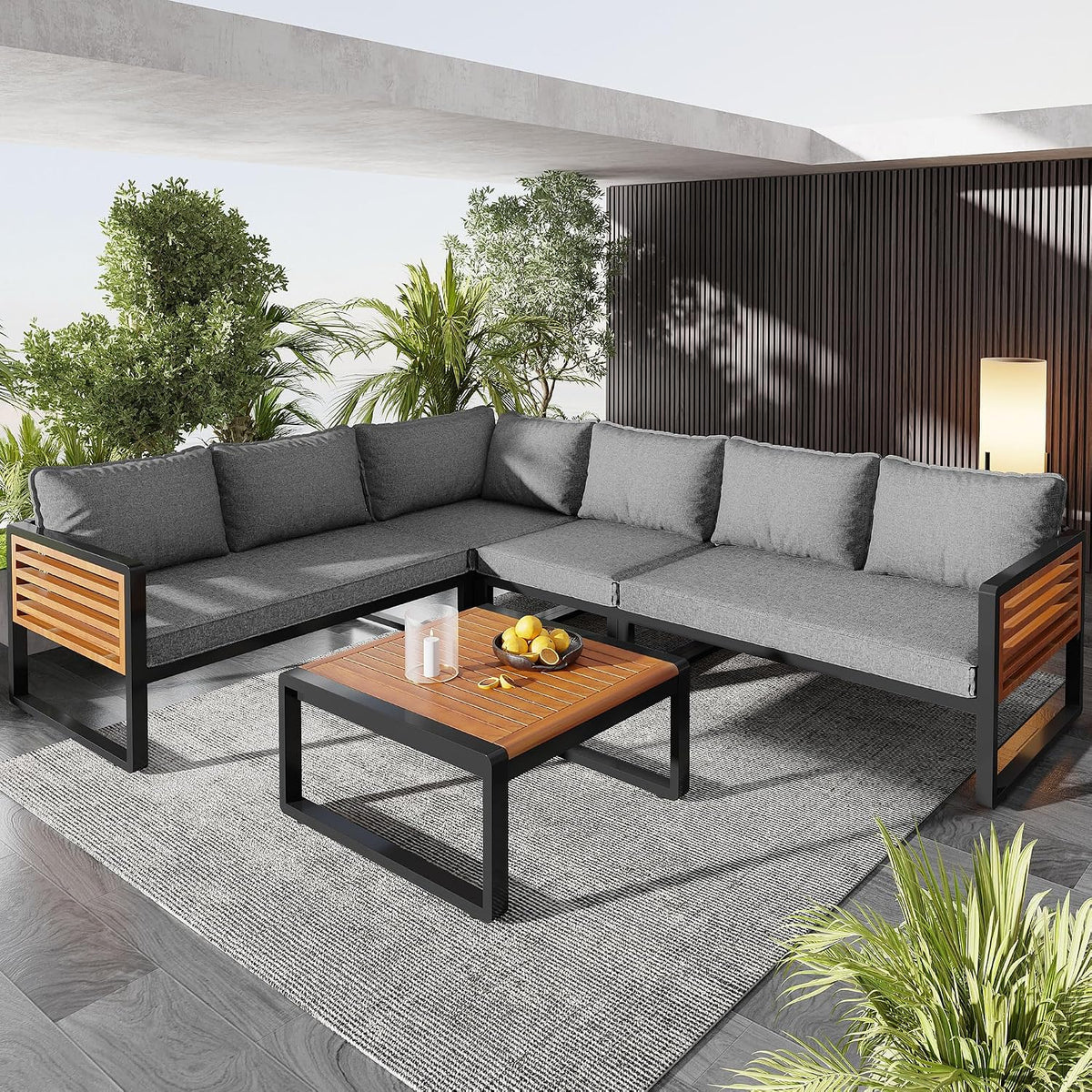 Gartenmöbel-Set, verstellbar, für den Garten, aus Massivholz, Grau/Schwarz/Holzfarbe, Dolamaní