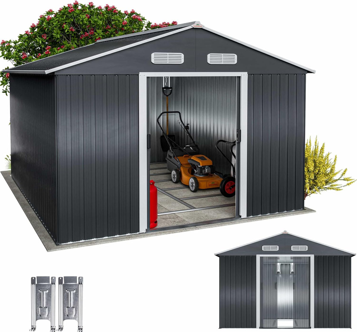 Gerätehaus XXXL Metall, 315 × 260 × 180 cm, 8 m², 15 m³, mit Vorhängen, mit Stauraum, aus Metall, für den Garten, Anthrazit/Silber, Gardebruk