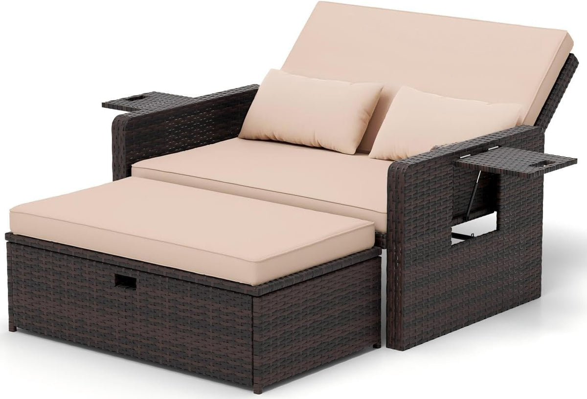 Sofa, verstellbar, mit Stauraum, aus Polyrattan, für den Garten und die Terrasse, Braun/Schwarz/Creme, UDPATIO