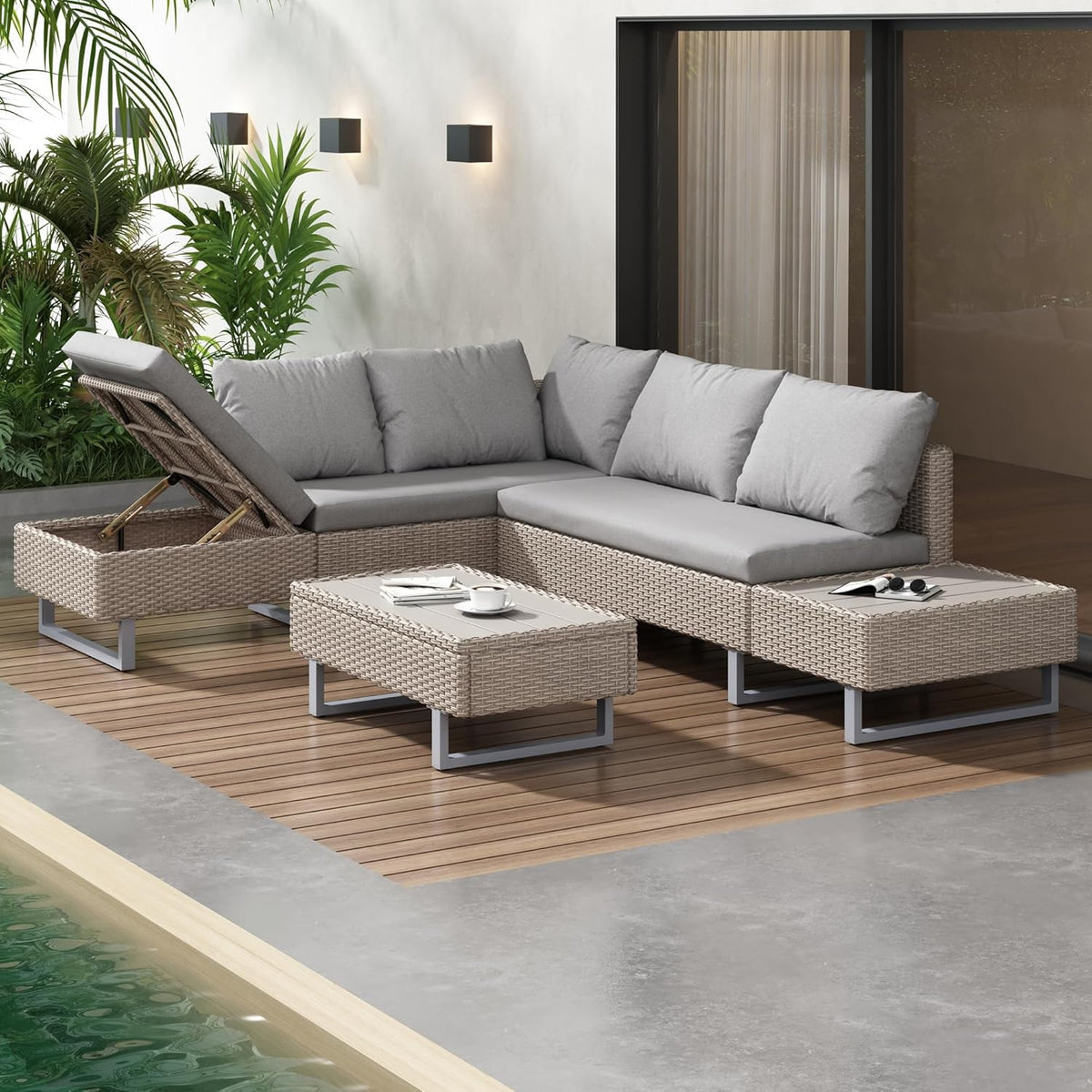 Gartenmöbel-Set Poly Rattan, 53.05kg, für den Garten und die Terrasse, aus Polyrattan, Khaki/Grau, Dolamaní