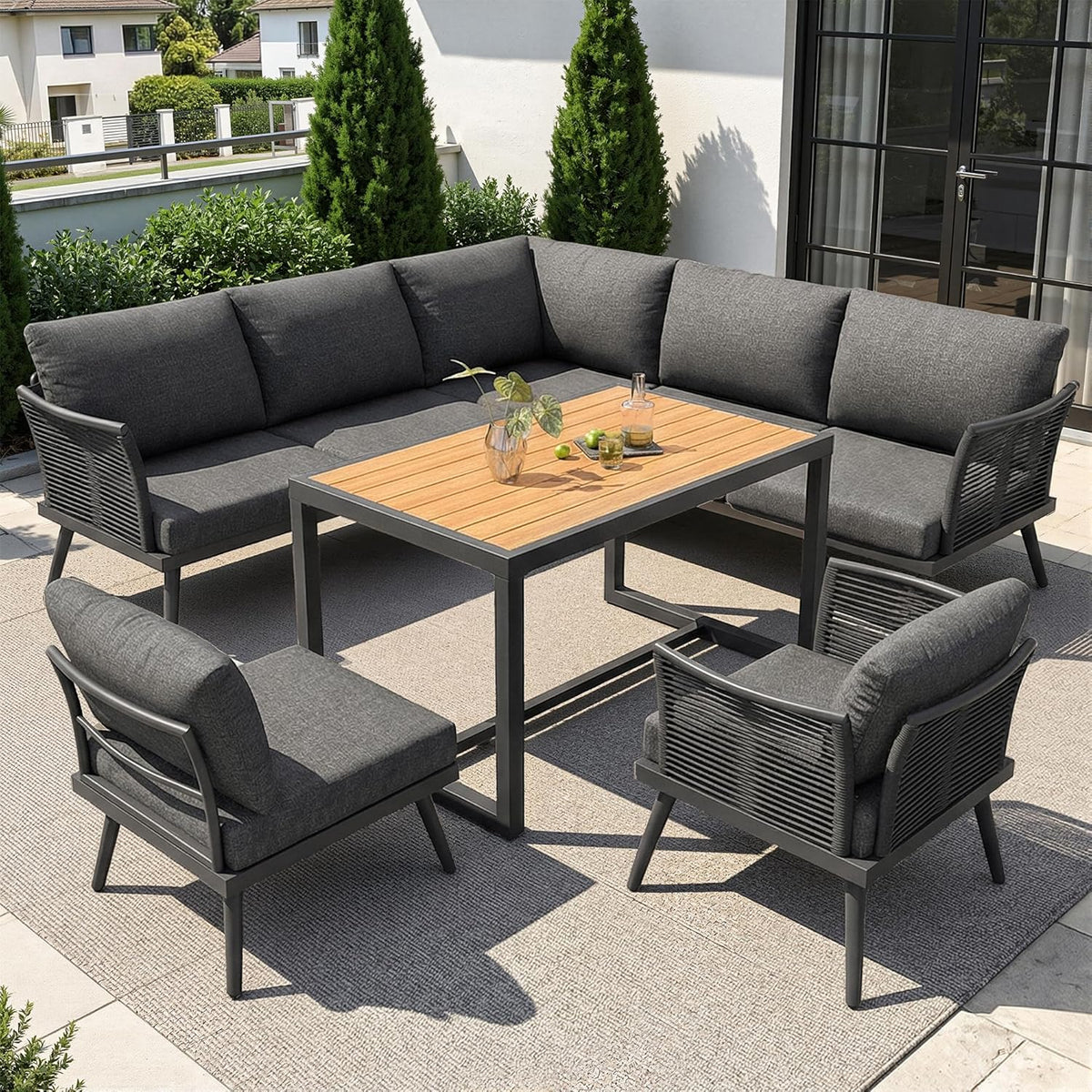 Sofa Siebenpersonen L, für den Garten, Grau/Beige, Lcoho