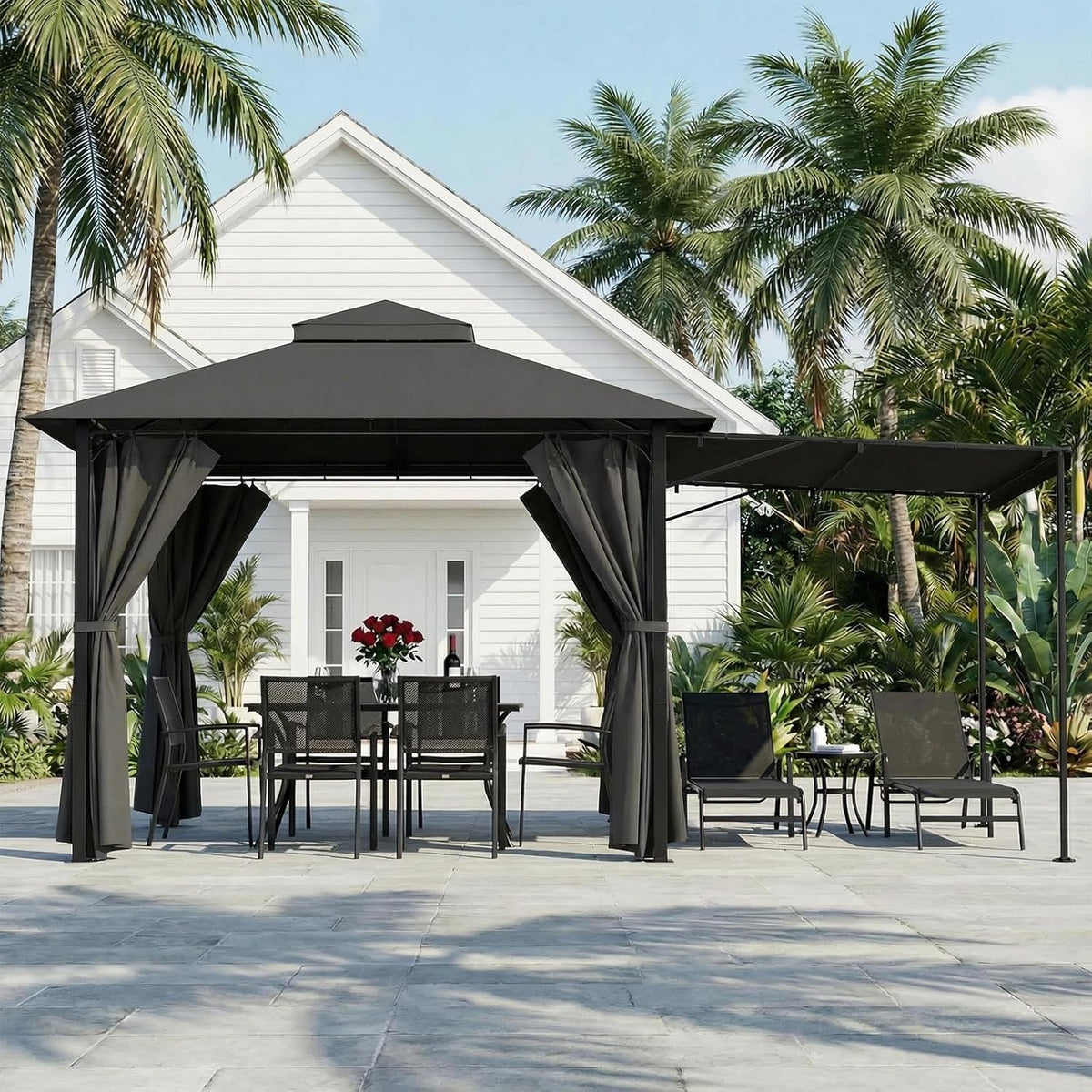 Gartenpavillon, 3 × 3 m, mit Doppeldach, mit 3 Seitenteilen, wasserdicht, winterfest, für den Garten, Grau, TRIUMPHKEY