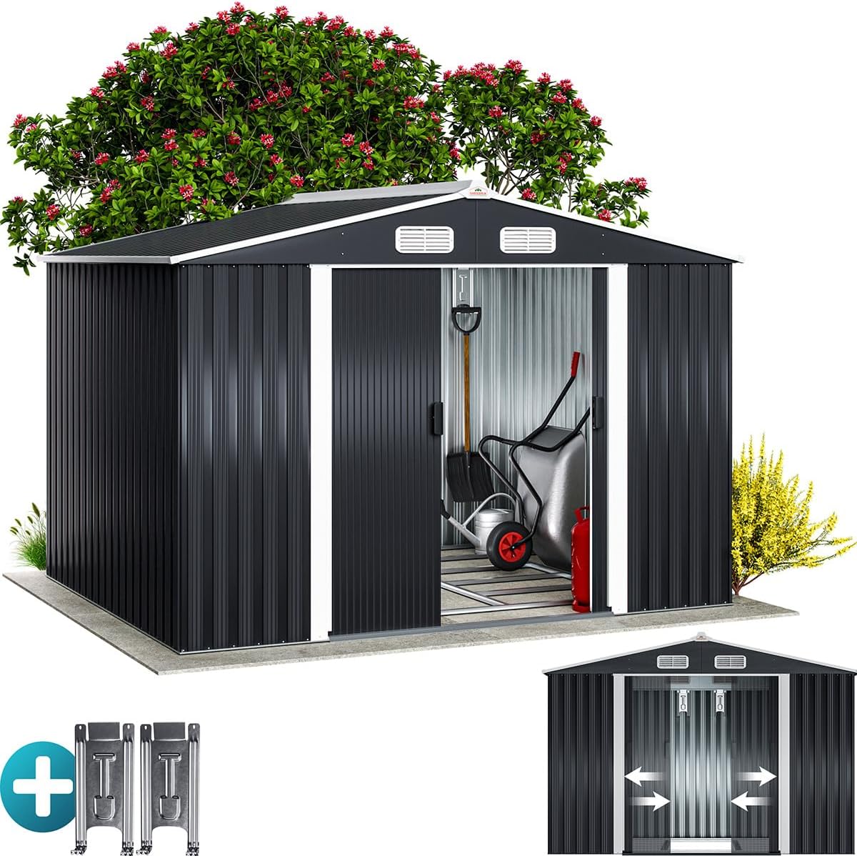 Gerätehaus XXL Metall, 257 × 205 × 178 cm, 5 m², 9 m³, mit Vorhängen, mit Stauraum, aus Metall, für den Garten, Anthrazit, Gardebruk