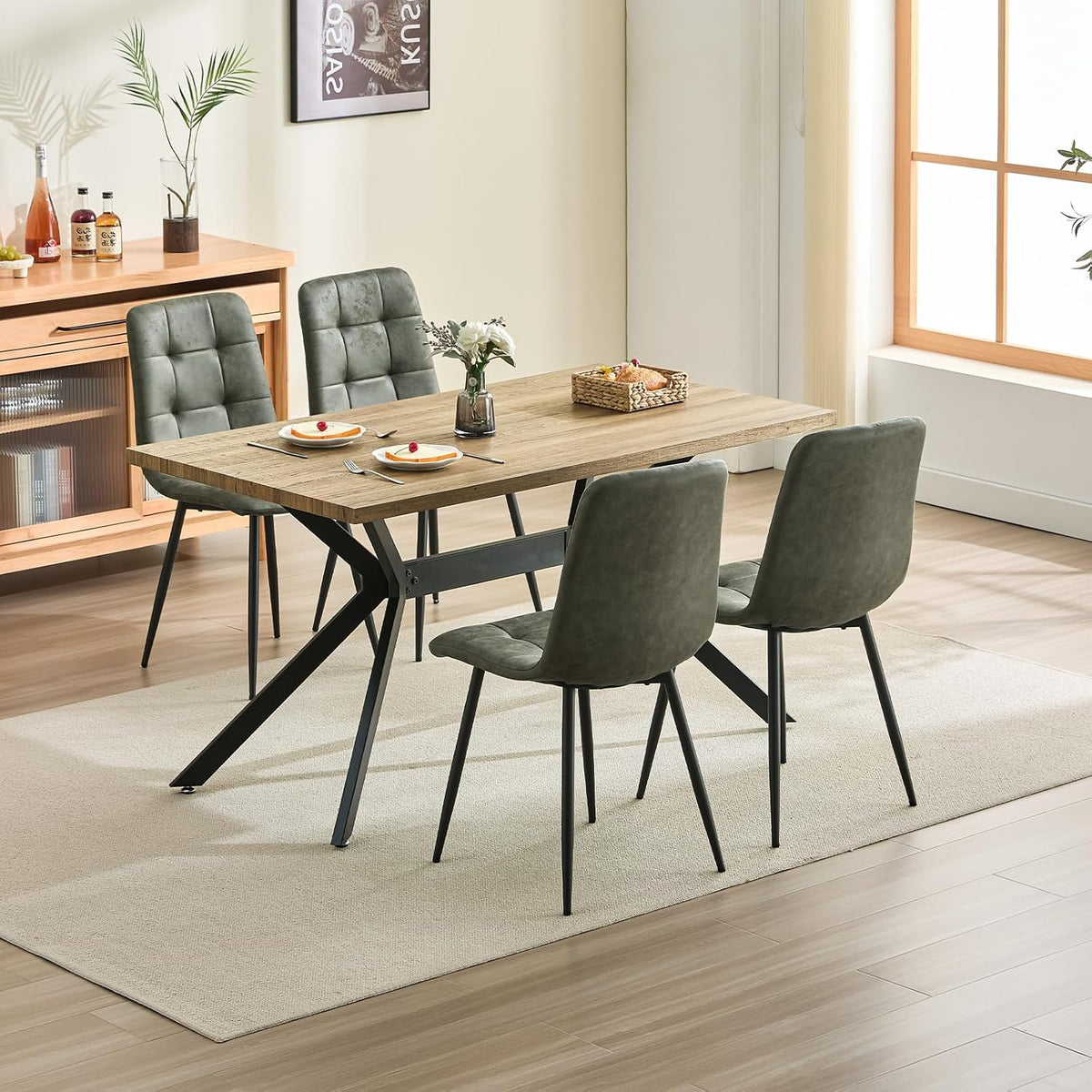 Essgruppe, 140 × 80 × 76 cm, für das Wohnzimmer und die Küche, aus Massivholz und Stoff, Beige/Grün/Schwarz, ANVOFONG