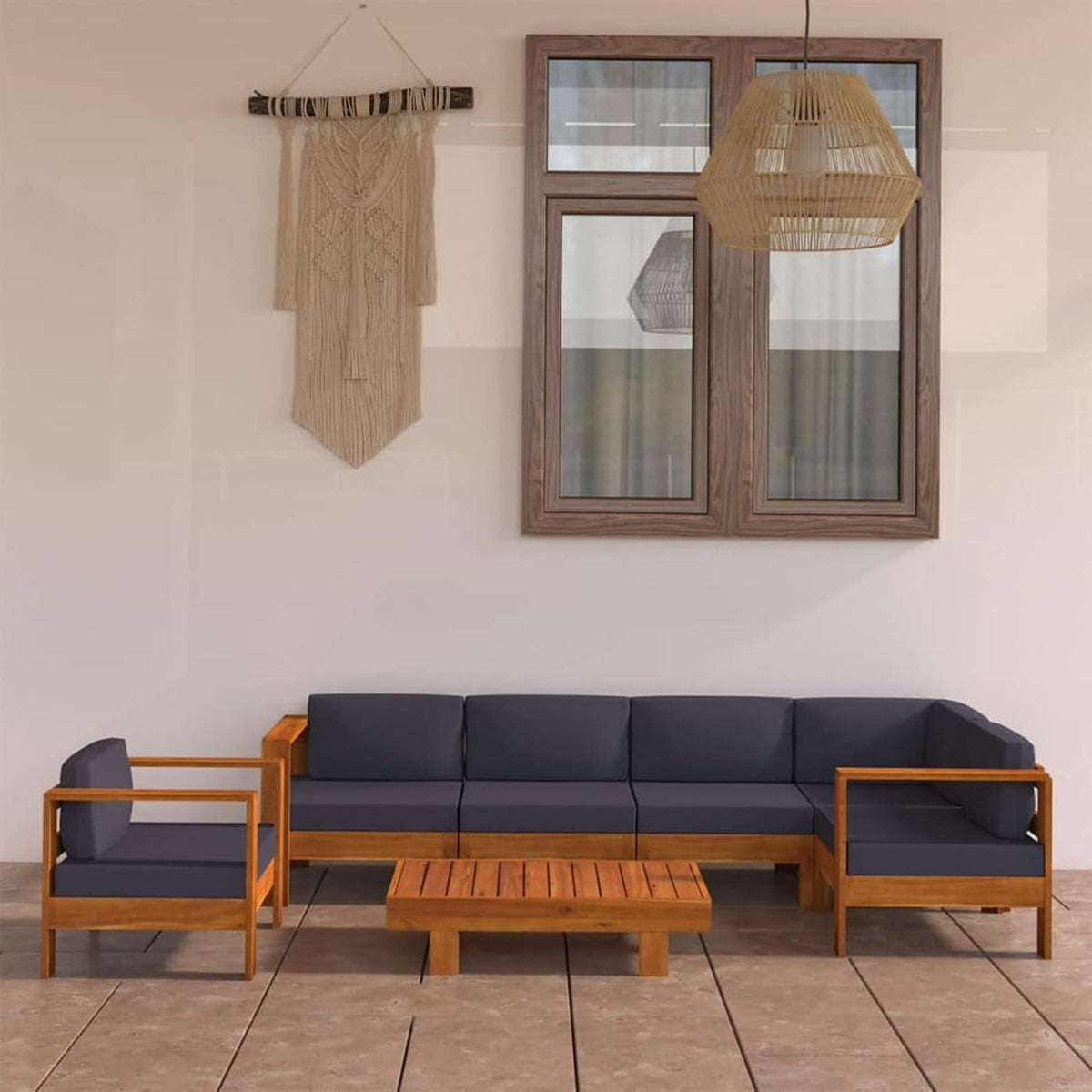 Gartenmöbel-Set Akazie-Dunkelgrau-7, aus Massivholz, für den Garten und den Balkon, Dunkelgrau/Holz, Keyroto