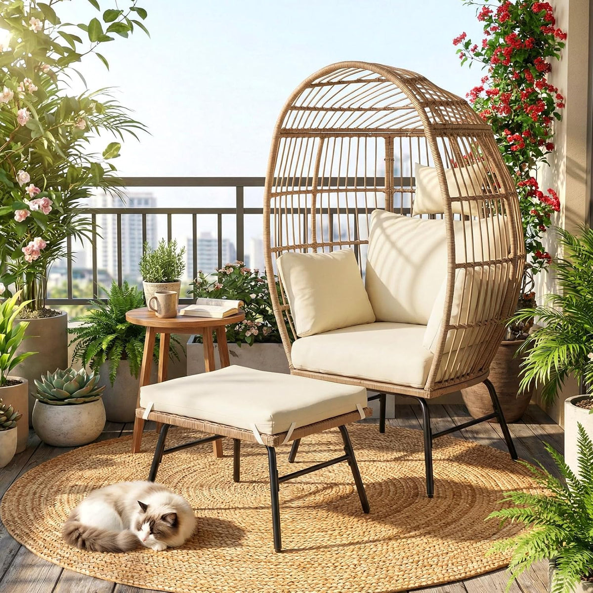 GIANTEX Lounge-Stühle, aus Polyrattan, verstellbar, für den Garten und den Balkon, Beige/Natur