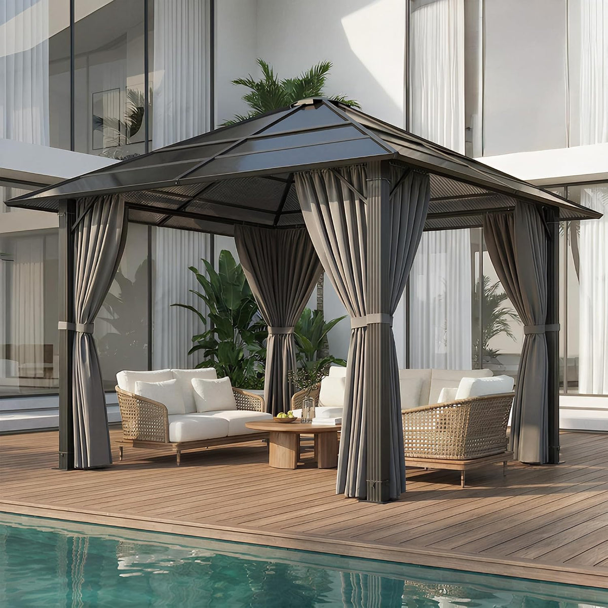 Gartenpavillon 3x3m Aluminium Garten Pavillon, 3 × 3 m, aus Aluminium, für den Garten, Grau/Schwarz, JUMMICO