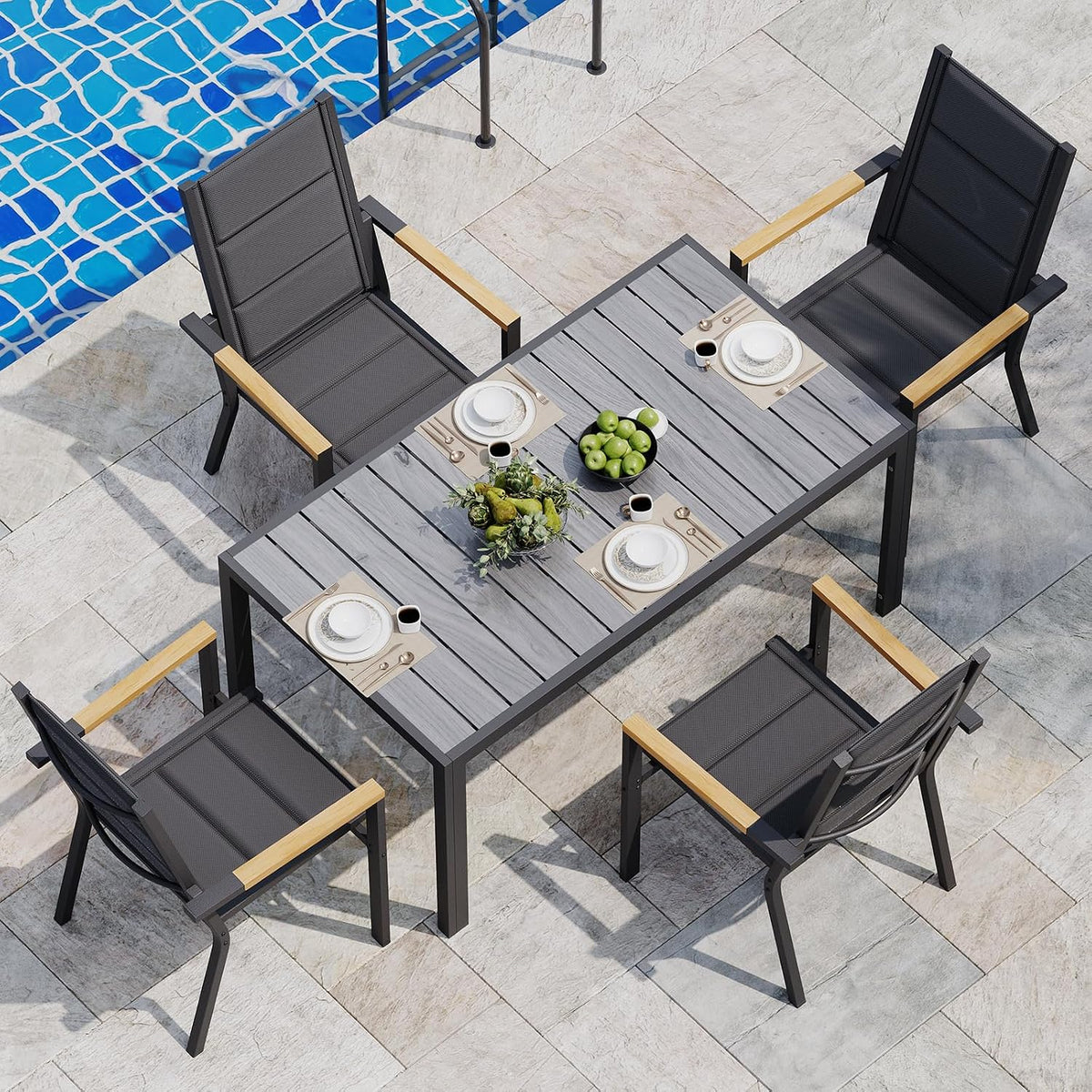 Gartenmöbel-Set, für den Garten und die Terrasse, aus Aluminium, Grau/Schwarz/Holz, JUMMICO