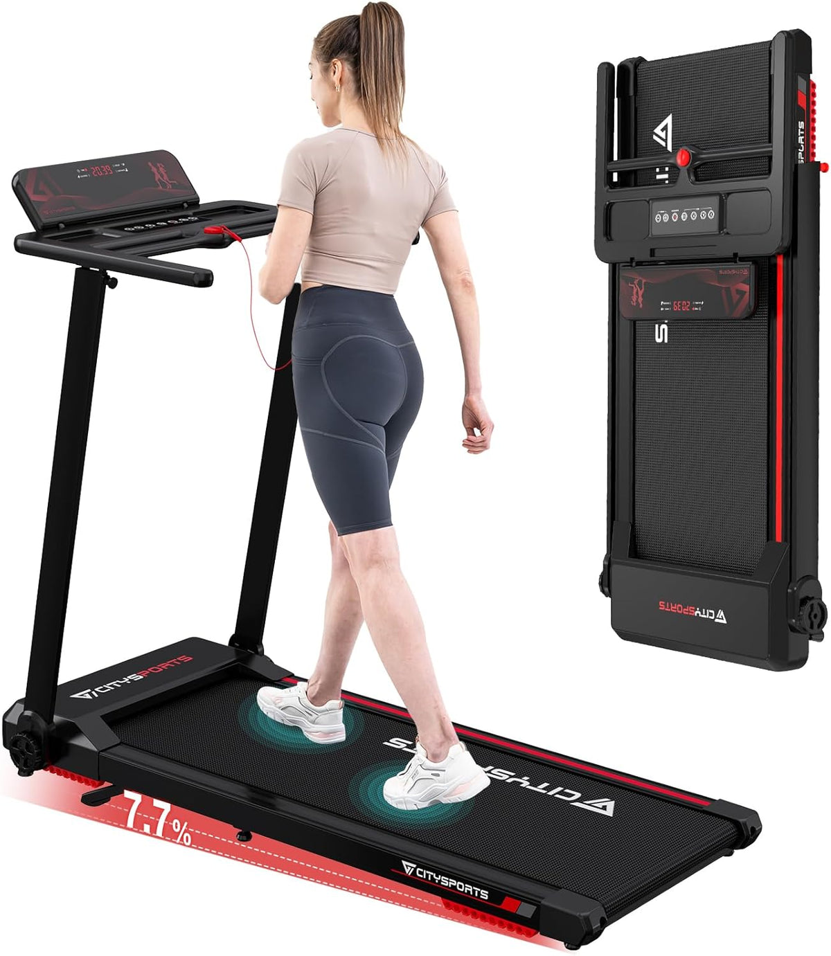 CITYSPORTS Elektrisches Laufband Tablet, 12 km/h, klappbar, mit LED, für das Büro, Schwarz/Rot