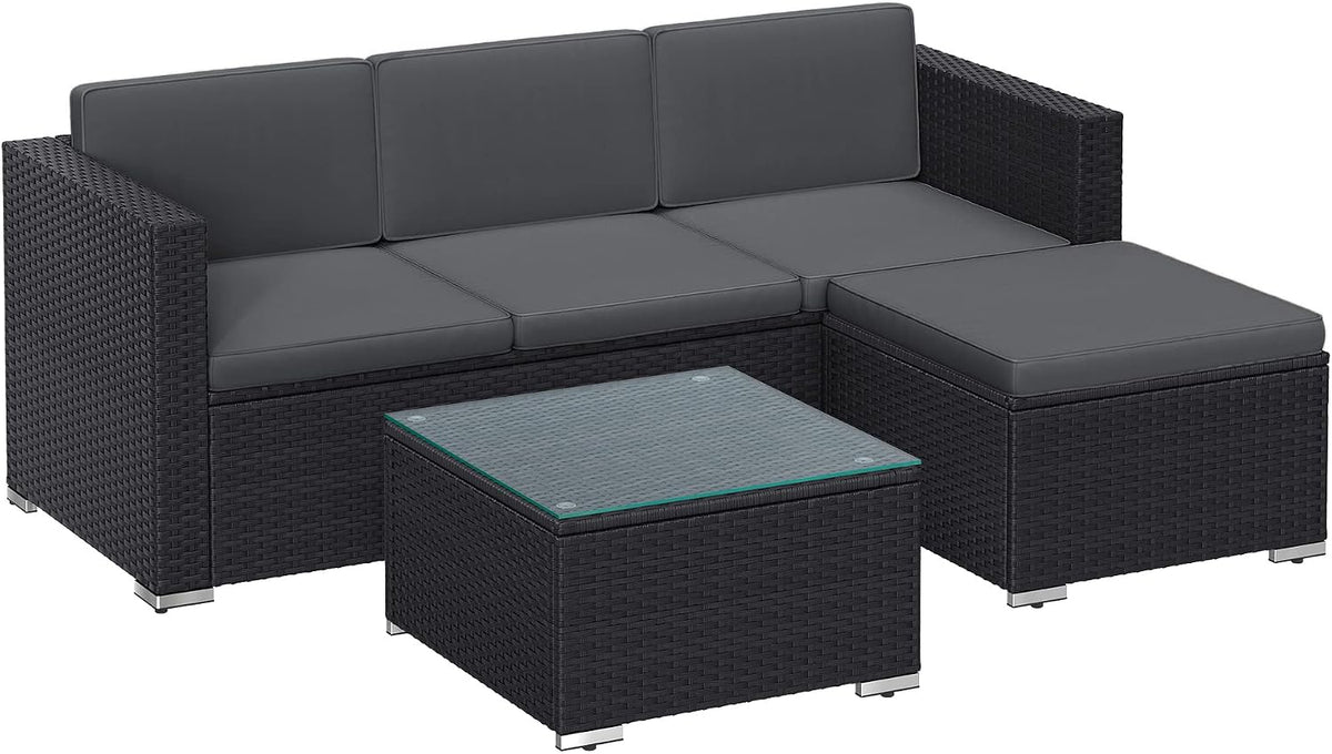 Gartenmöbel-Set GGF005B04, für den Garten und die Terrasse, aus Polyrattan und Glas, Schwarz/Grau, SONGMICS