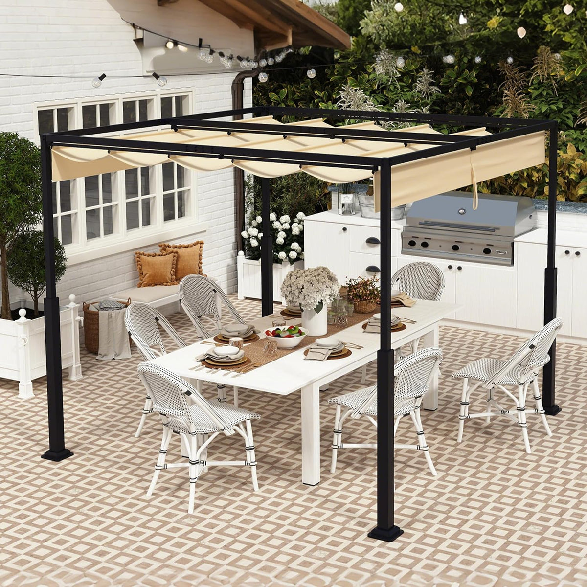 Pergola, 3 × 3 m, aus Metall, mit Schiebedach, für den Garten und die Terrasse, Beige/Schwarz, PEILU
