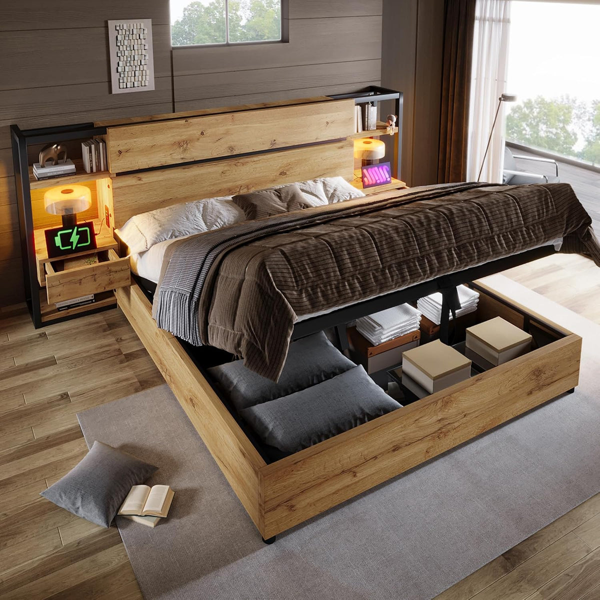 Bett, 180 × 200 cm, mit USB, mit Stauraum, Eiche/Schwarz, Jovify