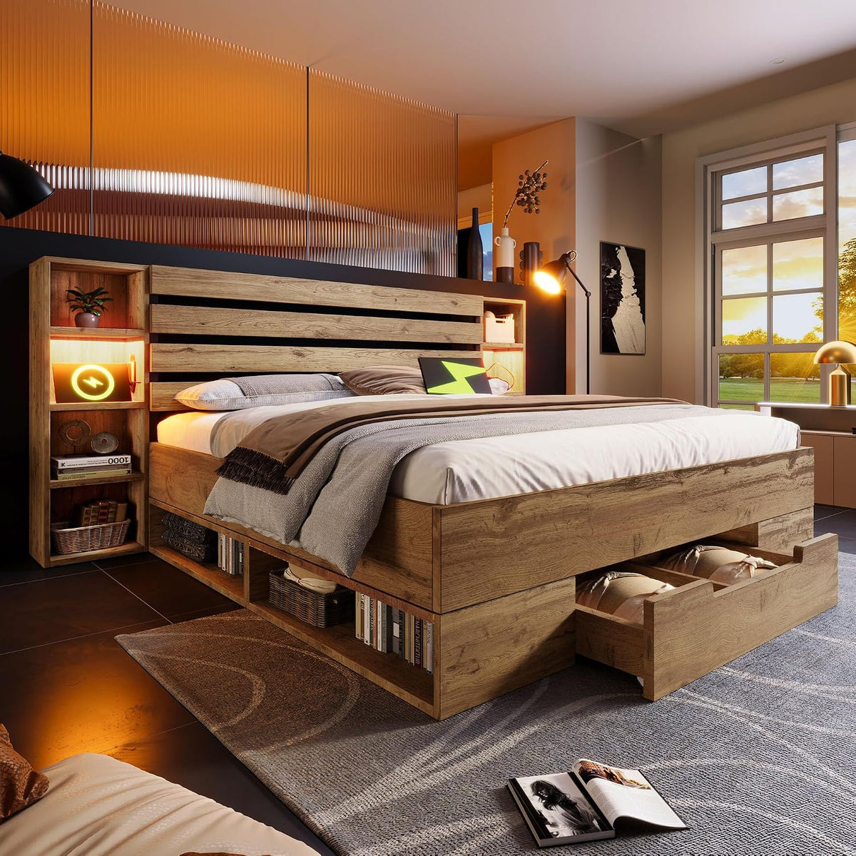 Bett, 180 × 200 cm, mit LED, mit USB, mit Stauraum, Eiche, ZYLOYAL10