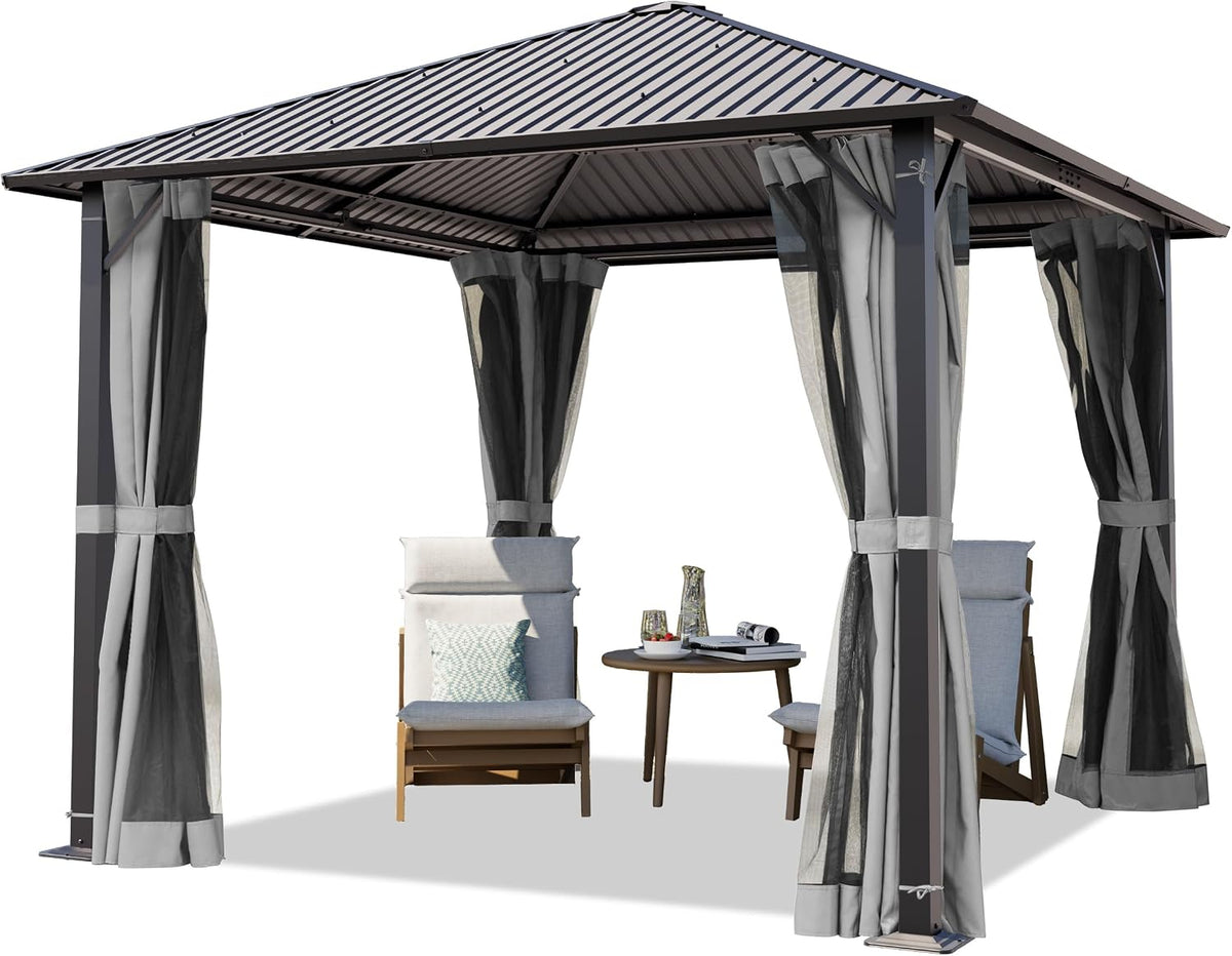 TOOLPORT Gartenpavillon, 3 × 3 m, mit Hardtop-Dach, mit 4 Seitenteilen, mit Moskitonetzen, für den Garten, aus Stahl, Grau/Schwarz