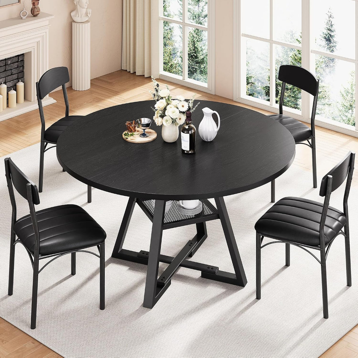Essgruppe, 120 × 120 × 76 cm, wasserabweisend, mit Stauraum, für die Küche, Schwarz, Jocoevol
