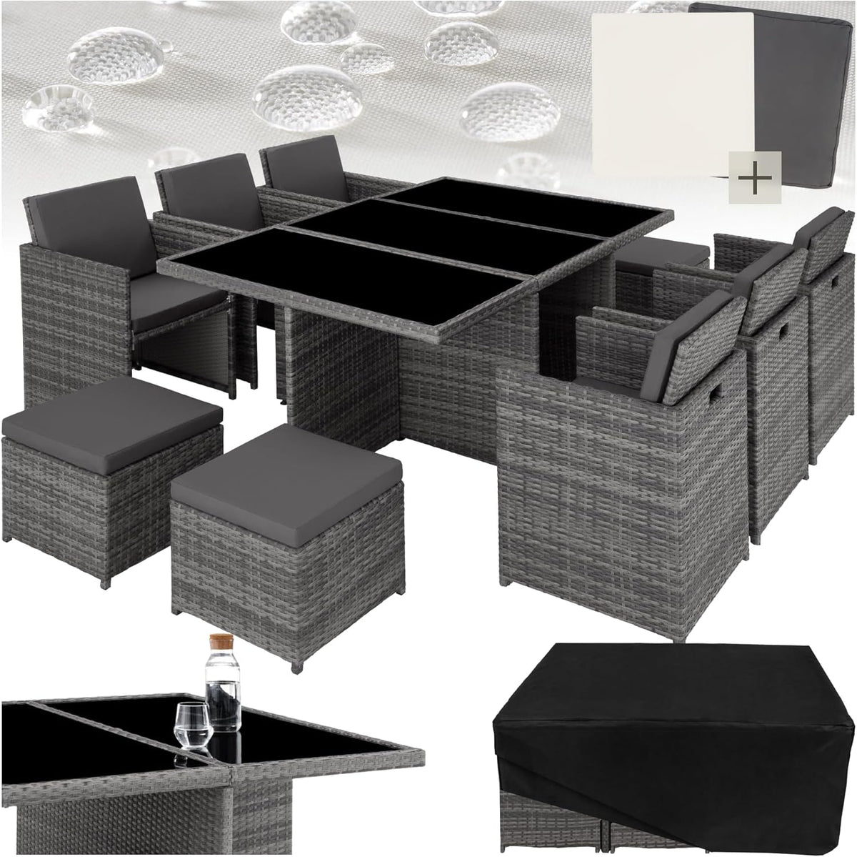 Gartenmöbel-Set Polyrattan, ca. 6 kg, ca. 2,2 kg, ca. 36 kg, klappbar, für den Garten und den Balkon, aus Aluminium und Polyrattan, Grau/Schwarz