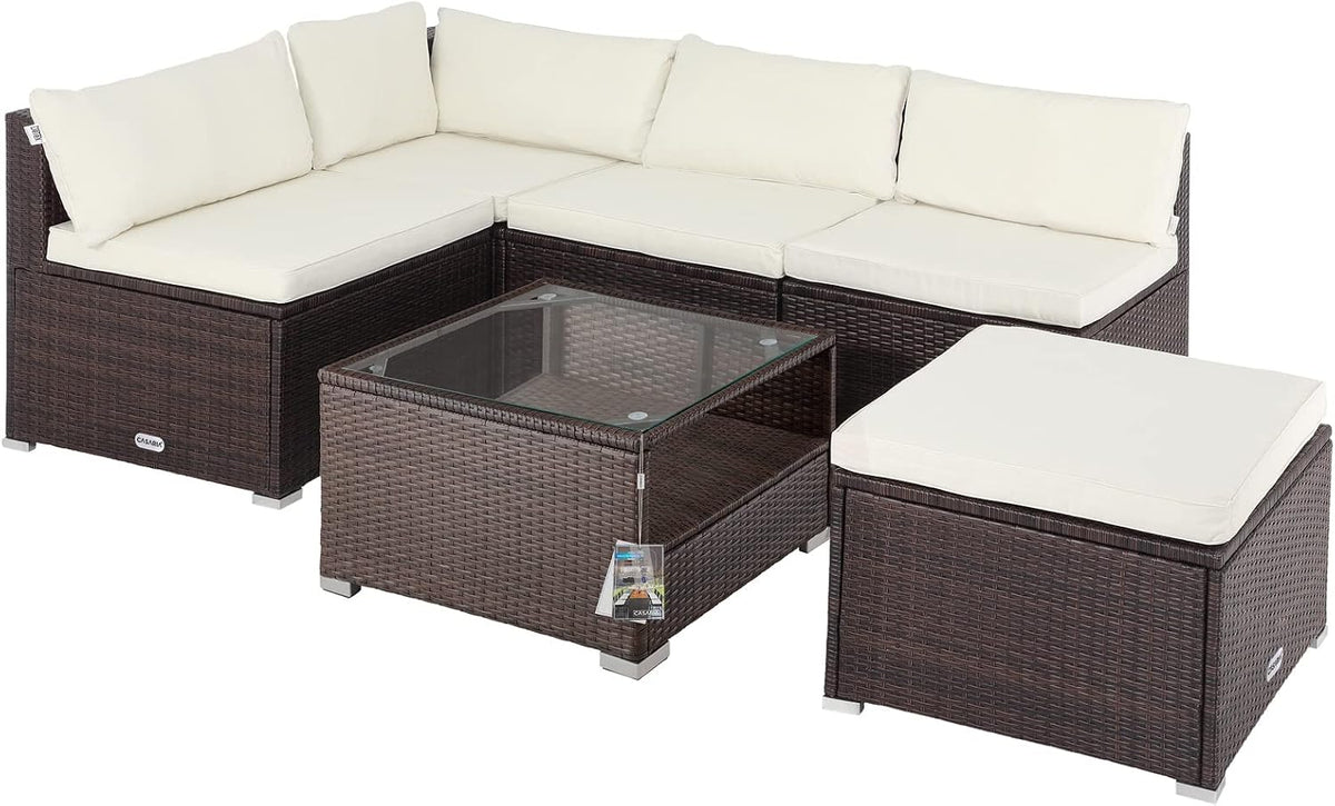 Gartenmöbel-Set, für den Garten und die Terrasse, aus Polyrattan und Glas, Braun/Creme, Casaria