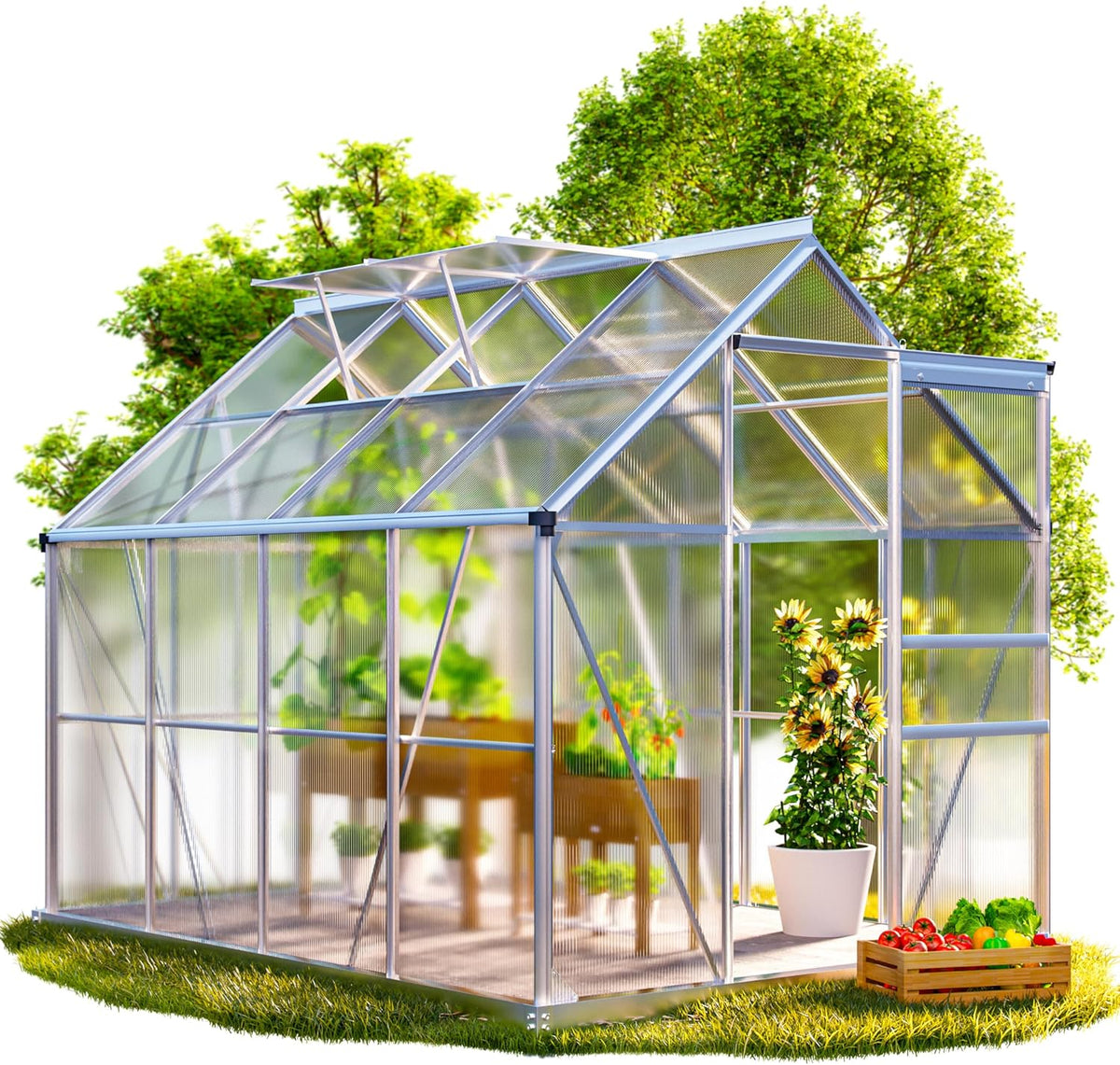 Gewächshaus, 250 × 190 cm, 4,8 m², 7,7 m³, klappbar, aus Aluminium, für den Garten, Silber/Klar, Gardebruk