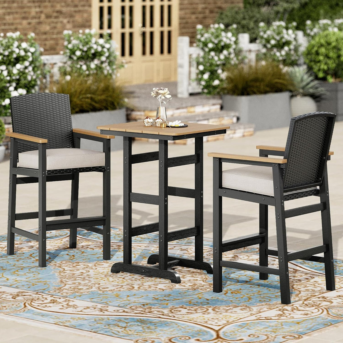 PHI VILLA Barsets, aus Polyrattan, wasserdicht, für den Garten und die Terrasse, Schwarz/Holzoptik