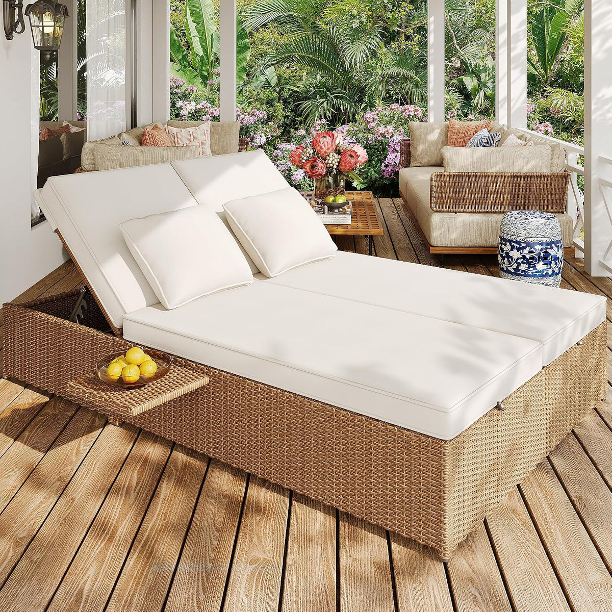 Gartenmöbel-Set, klappbar, verstellbar, mit Liegeposition, für den Garten und den Balkon, aus Polyrattan, Weiß/Beige, Zravenna