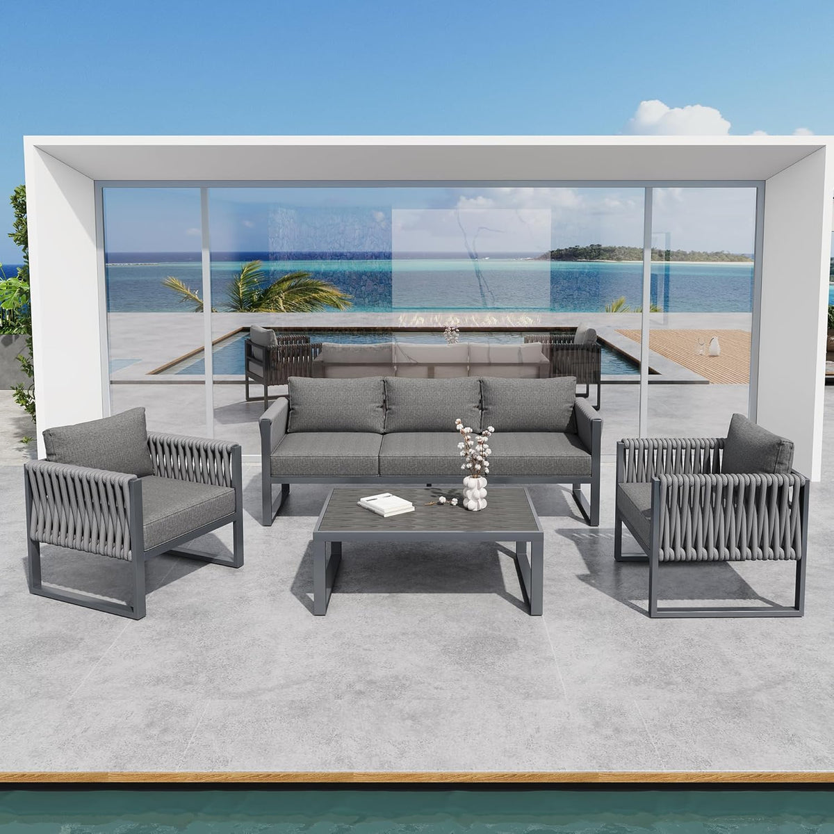 Gartenmöbel-Set, verstellbar, aus Metall, für den Garten und die Terrasse, Grau, Lcoho