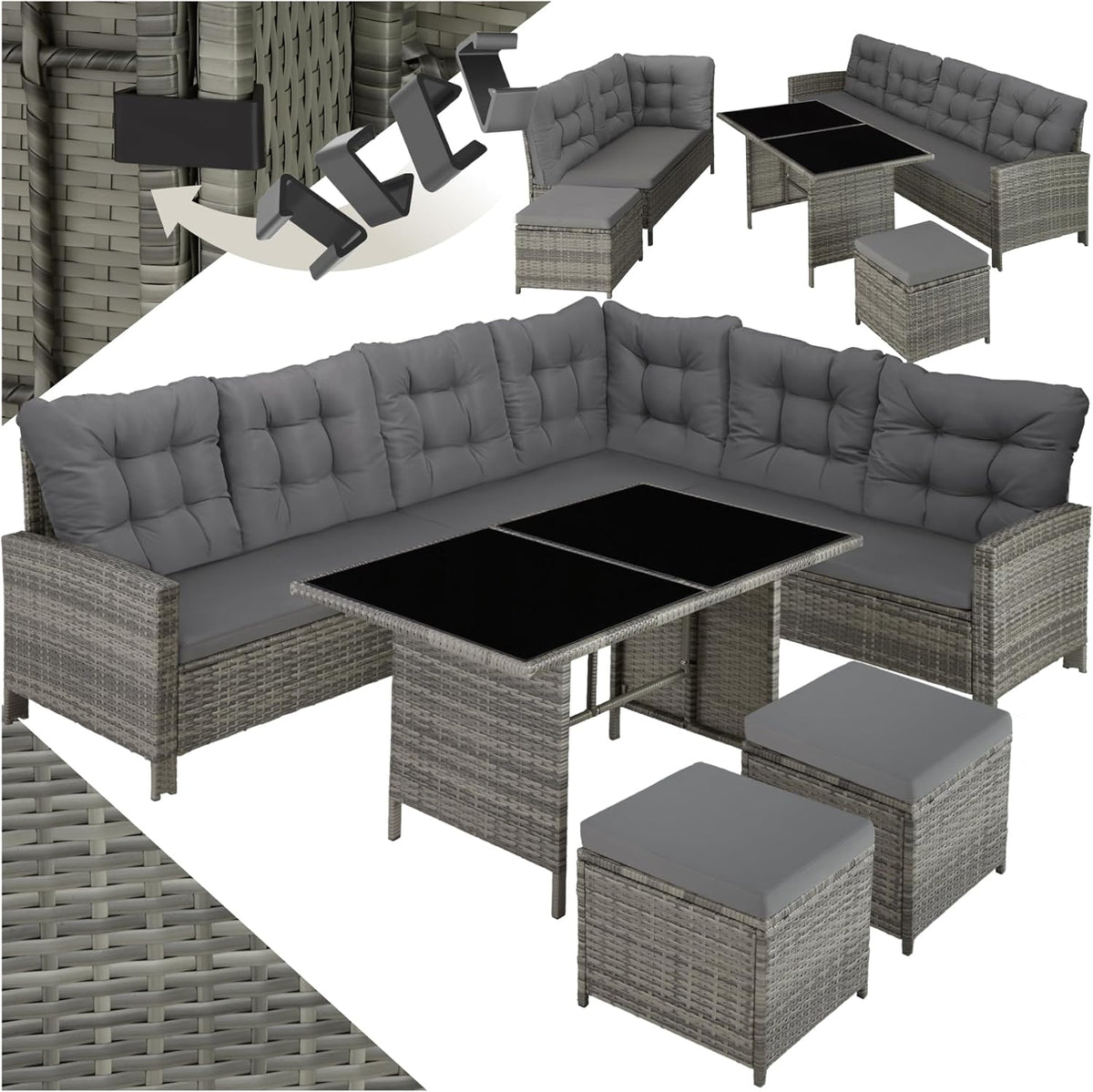Gartenmöbel-Set, wasserabweisend, aus Polyrattan, für den Garten und die Terrasse, Grau-Meliert/Grau, tectake