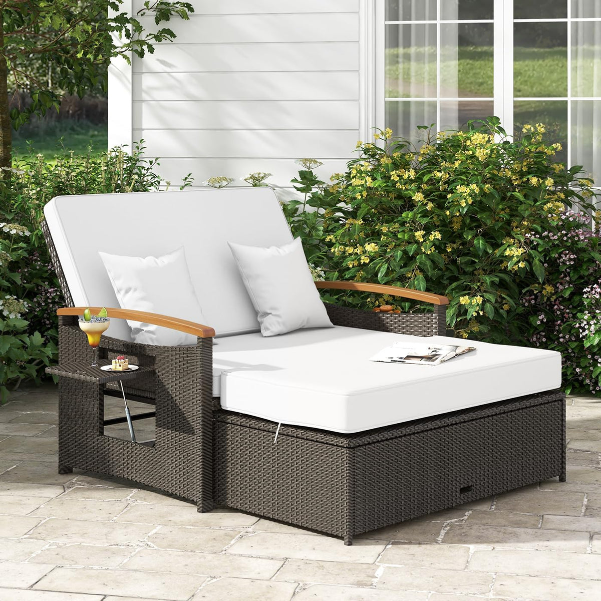 Sofa, aus Polyrattan, mit Stauraum, klappbar, verstellbar, für den Garten, Braun/Weiß, GIANTEX
