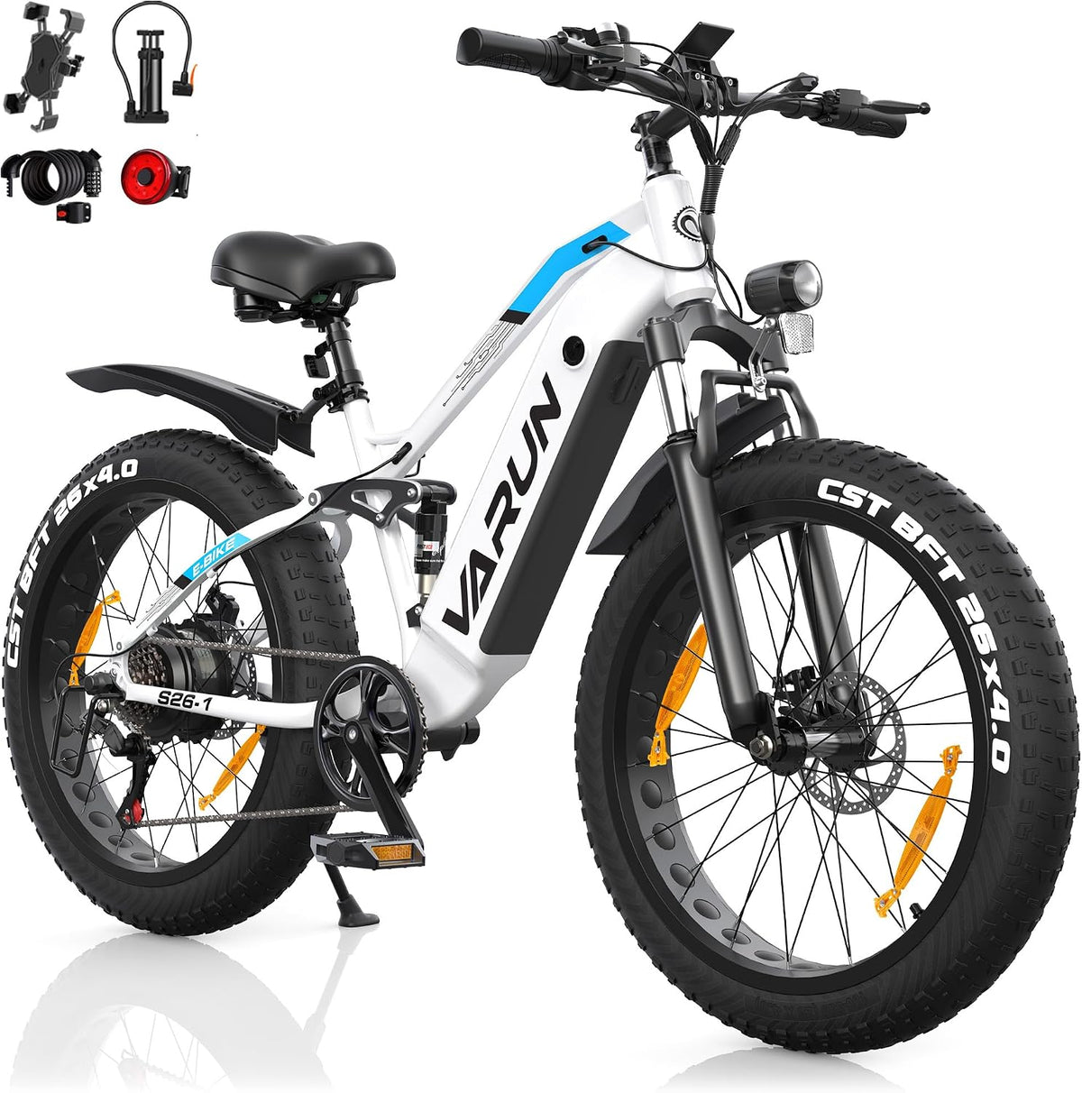 VARUN E E-Bike, 250 W, 48 V, 18 AH, bürstenlos, Weiß/Schwarz/Blau