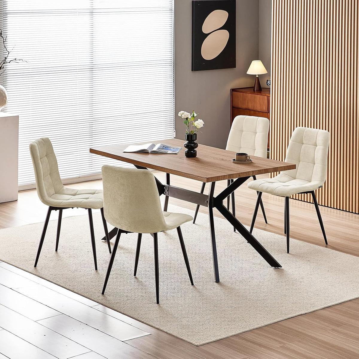 Essgruppe, 140 × 80 × 73 cm, für das Wohnzimmer und die Küche, Dunkle Holzmaserung/Beige, WAFTING