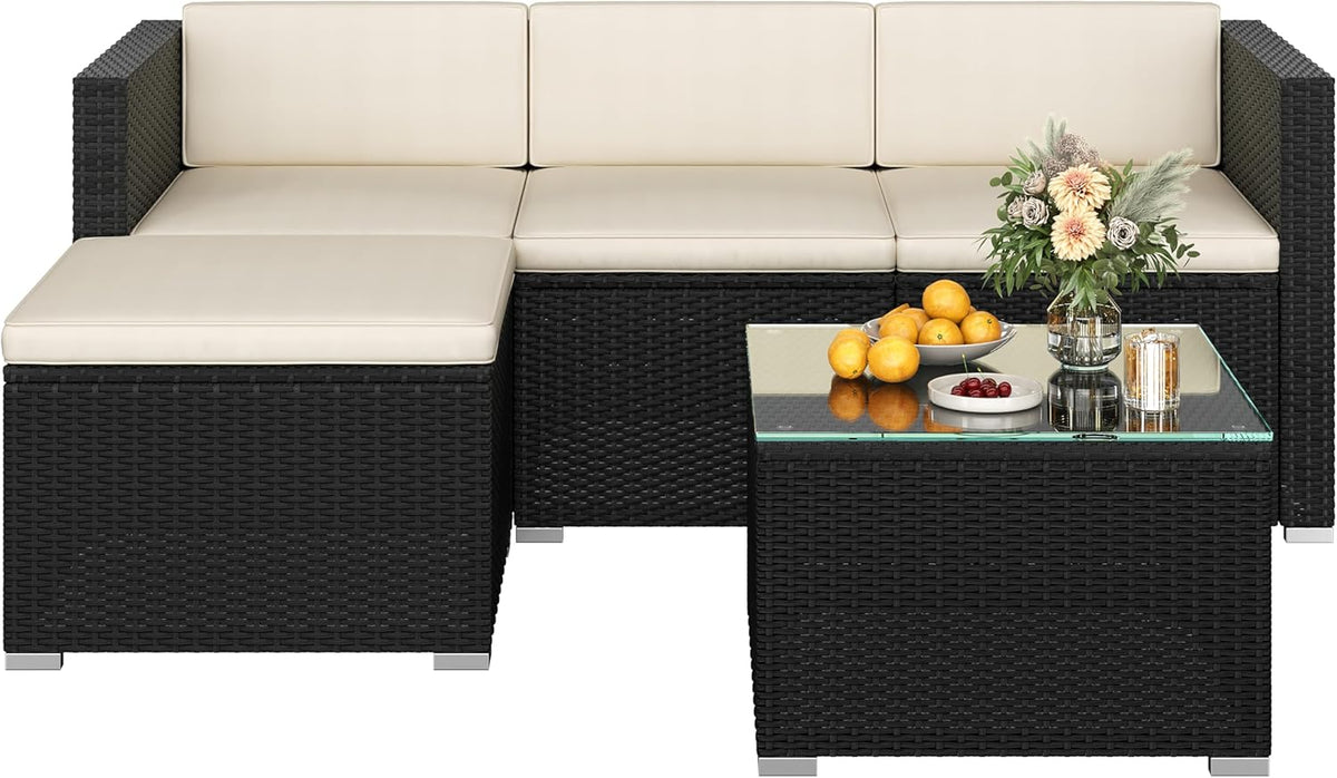 Gartenmöbel-Set 5er, wasserabweisend, für den Garten und die Terrasse, aus Polyrattan, Schwarz/Beige, Yaheetech