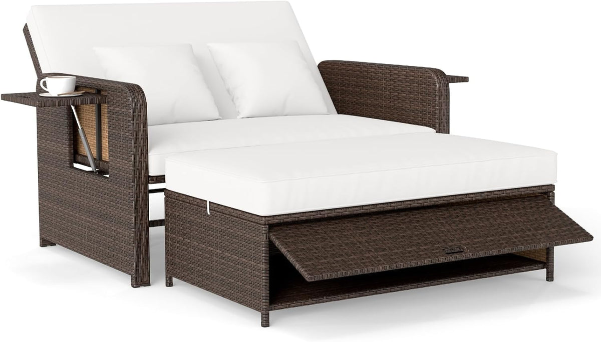 Gartenmöbel-Set, klappbar, verstellbar, mit Stauraum, für den Garten und den Balkon, aus Polyrattan, Braun/Weiß, COSTWAY