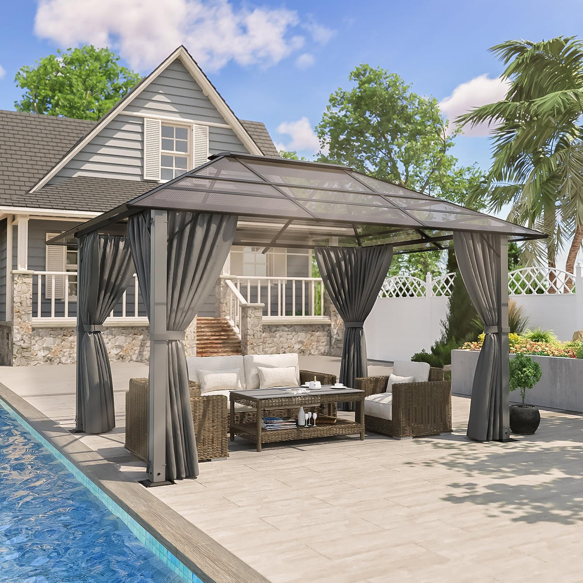 Gartenpavillon, 3 × 4 m, aus Aluminium, wasserdicht, winterfest, mit festem Dach, für den Garten, Grau, TRIUMPHKEY